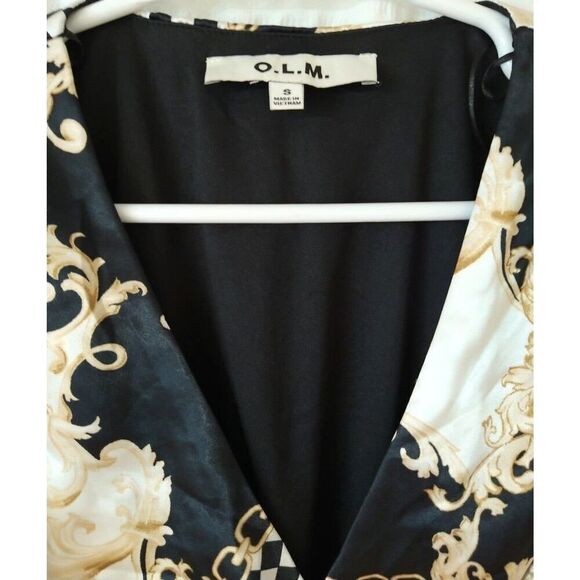 O.L.M. black white gold chess long sleeve Blouse top with bow S - Picture 4 of 4